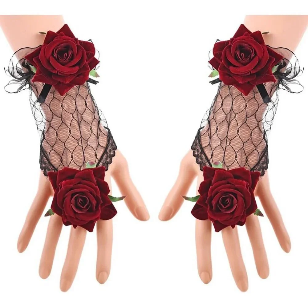 Women's Black Flower Rose Lace Hand Sleeve Gloves Wedding Halloween Accessories